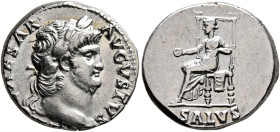 Nero, 54-68. Denarius (Silver, 17 mm, 3.56 g, 6 h), Rome, 65-66. [NERO C]AESAR AVGVSTVS Laureate head of Nero to right. Rev. SALVS Salus seated left o...