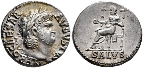 Nero, 54-68. Denarius (Silver, 17 mm, 3.46 g, 6 h), Rome, 65-66. NERO CAESAR AVGVSTVS Laureate head of Nero to right. Rev. SALVS Salus seated left on ...