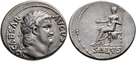 Nero, 54-68. Denarius (Silver, 18 mm, 3.23 g, 6 h), Rome, 65-66. [NE]RO CAESAR AVGVS[TVS] Laureate head of Nero to right. Rev. SALVS Salus seated left...