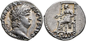 Nero, 54-68. Denarius (Silver, 17 mm, 3.55 g, 5 h), Rome, 66-67. IMP NERO CAESAR AVGVSTVS Laureate head of Nero to right. Rev. SALVS Salus seated left...