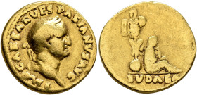 Vespasian, 69-79. Aureus (Gold, 19 mm, 7.03 g), Rome, 69-70. IMP CAESAR VESPASIANVS AVG Laureate head of Vespasian to right. Rev. IVDAEA Judaea seated...