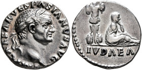 Vespasian, 69-79. Denarius (Silver, 16 mm, 3.54 g, 6 h), Rome, 69-70. IMP CAESAR VESPASIANVS AVG Laureate head of Vespasian to right. Rev. IVDAEA Juda...