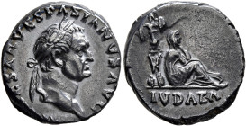 Vespasian, 69-79. Denarius (Silver, 16 mm, 3.54 g, 6 h), Rome, 69-70. [IMP CA]ESAR VESPASIANVS AVG Laureate head of Vespasian to right. Rev. IVDAEA Ju...