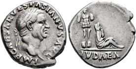 Vespasian, 69-79. Denarius (Silver, 17 mm, 3.37 g, 5 h), Rome, 69-70. IMP CAESAR VESPASIANVS AVG Laureate head of Vespasian to right. Rev. IVDAEA Juda...