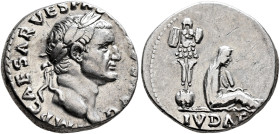 Vespasian, 69-79. Denarius (Silver, 17 mm, 3.26 g, 5 h), Rome, 69-70. IMP CAESAR VESPAS[IANV]S AVG Laureate head of Vespasian to right. Rev. IVDAEA Ju...