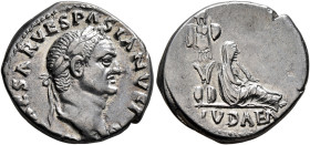 Vespasian, 69-79. Denarius (Silver, 18 mm, 3.11 g, 6 h), Rome, 69-70. [IMP C]AESAR VESPASIANVS AVG Laureate head of Vespasian to right. Rev. IVDAEA Ju...