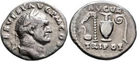 Vespasian, 69-79. Denarius (Silver, 18 mm, 3.17 g, 6 h), Rome, 72-73. [IMP CA]ES VESP AVG P M COS II[II] Laureate head of Vespasian to right. Rev. AVG...