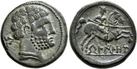 SPAIN. Belikio. Circa 100-70 BC. Unit (Bronze, 23 mm, 9.40 g, 12 h). Bearded bare male head to right; behind, Iberian letter 'be'. Rev. Warrior on hor...