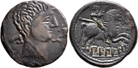 SPAIN. Bilbilis. Late 2nd-early 1st centuries BC. AE (Bronze, 27 mm, 11.19 g, 4 h). Bare male head to right; behind, 'bi' (in Iberian); to right, dolp...