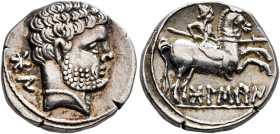 SPAIN. Bolskan. Circa 80-72 BC. Denarius (Silver, 16 mm, 3.90 g, 1 h). Bearded bare male head to right, wearing pearl necklace; behind, 'bon' in Iberi...