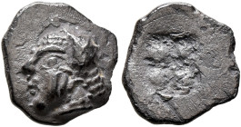 GAUL. Massalia. Circa 475-460 BC. Obol (Silver, 11 mm, 0.80 g). Head of Athena to left, wearing Attic helmet adorned with a volute on the bowl. Rev. R...