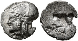 GAUL. Massalia. Circa 475-460 BC. Obol (Silver, 10 mm, 0.66 g, 12 h), Phokaic standard. Head of Athena to left, wearing Ionian helmet. Rev. Rough incu...