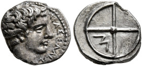 GAUL. Massalia. Circa 410-380 BC. Obol (Silver, 10 mm, 0.70 g, 12 h). MAΣΣAΛIΩ-[TAN] Horned head of Lakydon to right. Rev. Wheel of four spokes; M in ...