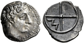 GAUL. Massalia. Circa 410-380 BC. Obol (Silver, 10 mm, 0.70 g, 11 h). MAΣΣAΛIΩ-[TAN] Horned head of Lakydon to right. Rev. Wheel of four spokes; M in ...