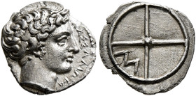 GAUL. Massalia. Circa 410-380 BC. Obol (Silver, 10 mm, 0.71 g, 6 h). MAΣΣAΛIΩTA-[N] Horned head of Lakydon to right. Rev. Wheel of four spokes; M in o...