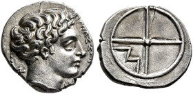 GAUL. Massalia. Circa 410-380 BC. Obol (Silver, 10 mm, 0.76 g, 12 h). MAΣΣAΛ[IΩTA]-N Horned head of Lakydon to right. Rev. Wheel of four spokes; M in ...