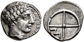 GAUL. Massalia. Circa 410-380 BC. Obol (Silver, 10 mm, 0.86 g, 9 h). ΜΑΣΣΑΛΙΩΤ-[ΑΝ] Horned head of Lakydon to right. Rev. Wheel of four spokes; M in o...