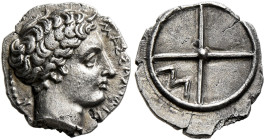 GAUL. Massalia. Circa 410-380 BC. Obol (Silver, 10 mm, 0.76 g, 1 h). MAΣΣAΛIΩTA-N Horned head of Lakydon to right. Rev. Wheel of four spokes; M in one...