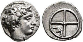 GAUL. Massalia. Circa 410-380 BC. Obol (Silver, 10 mm, 0.86 g, 3 h). MAΣΣA[ΛI] Horned head of Lakydon to right. Rev. Wheel of four spokes; M in one qu...