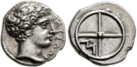 GAUL. Massalia. Circa 410-380 BC. Obol (Silver, 10 mm, 0.77 g, 5 h). ΜΑΣΣΑΛΙ Horned head of Lakydon to right. Rev. Wheel of four spokes; M in one quar...