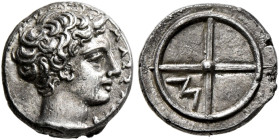 GAUL. Massalia. Circa 410-380 BC. Obol (Silver, 0.9 mm, 0.71 g, 6 h). ΜΑΣΣΑΛΙ Horned head of Lakydon to right. Rev. Wheel of four spokes; M in one qua...