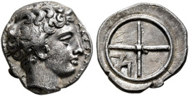 GAUL. Massalia. Circa 410-380 BC. Obol (Silver, 10 mm, 0.77 g, 12 h). ΜΑΣΣΑΛΙΗΩ-ΤΕΩΝ Horned head of Lakydon to right. Rev. Wheel of four spokes; M in ...