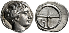 GAUL. Massalia. Circa 410-380 BC. Obol (Silver, 10 mm, 0.82 g, 12 h). ΜΑΣΣΑΛΙΗΩ-ΤΕΩΝ Horned head of Lakydon to right. Rev. Wheel of four spokes; M in ...