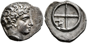 GAUL. Massalia. Circa 410-380 BC. Obol (Silver, 11 mm, 0.77 g, 1 h). Horned head of Lakydon to right. Rev. Wheel of four spokes; M in one quarter. Che...