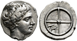 GAUL. Massalia. Circa 410-380 BC. Obol (Silver, 10 mm, 0.76 g, 6 h). Horned head of Lakydon to right. Rev. Wheel of four spokes; M in one quarter. Che...