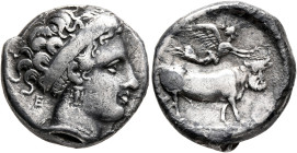 CAMPANIA. Neapolis. 350-325 BC. Didrachm or Nomos (Silver, 20 mm, 7.09 g, 9 h). Diademend head of a nymph to right, wearing triple-pendant earring and...