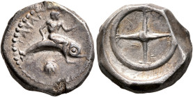 CALABRIA. Tarentum. Circa 480-470 BC. Didrachm or Nomos (Silver, 19 mm, 7.85 g). ᛋAЯAT Youthful oikist, nude, riding dolphin to right, raising his lef...