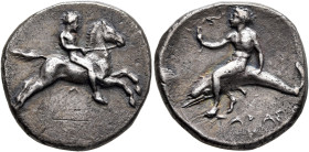 CALABRIA. Tarentum. Circa 405-400 BC. Didrachm or Nomos (Silver, 21 mm, 7.58 g, 12 h). Nude youth on horse galloping to right, holding bridles with bo...