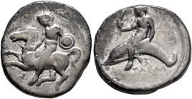 CALABRIA. Tarentum. Circa 400-390 BC. Didrachm or Nomos (Silver, 21 mm, 7.42 g, 3 h). Nude warrior, holding bridles in his right hand and carrying sma...