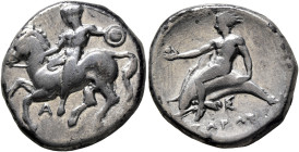 CALABRIA. Tarentum. Circa 400-390 BC. Didrachm or Nomos (Silver, 21 mm, 7.49 g, 6 h). Nude warrior, holding bridles in his right hand and carrying sma...