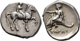CALABRIA. Tarentum. Circa 365-355 BC. Didrachm or Nomos (Silver, 23 mm, 7.87 g, 9 h). Nude youth on horse prancing right, holding bridles in his left ...