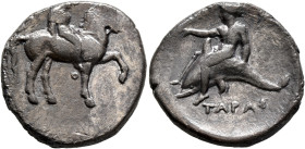 CALABRIA. Tarentum. Circa 365-355 BC. Didrachm or Nomos (Silver, 22 mm, 7.38 g, 2 h). Nude youth on horse prancing right, holding bridles in his left ...