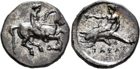 CALABRIA. Tarentum. Circa 344-340 BC. Didrachm or Nomos (Silver, 21 mm, 7.35 g, 1 h). Nude youth on horseback right; below, Δ. Rev. TAPAΣ Youthful oik...