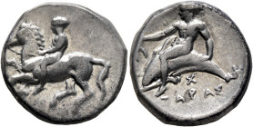 CALABRIA. Tarentum. Circa 375/0-370/65 BC. Didrachm or Nomos (Silver, 21 mm, 7.76 g, 3 h). Nude youth on horseback to left; below, Δ. Rev. ΤΑΡΑΣ Youth...