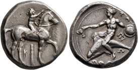 CALABRIA. Tarentum. Circa 340-335 BC. Didrachm or Nomos (Silver, 20 mm, 7.84 g, 9 h). Nude youth riding horse standing to right, raising his right han...