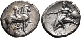 CALABRIA. Tarentum. Circa 340-335 BC. Didrachm or Nomos (Silver, 21 mm, 7.00 g, 9 h). Nude youth riding horse standing to right, raising his right han...