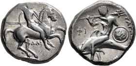 CALABRIA. Tarentum. Circa 302-290 BC. Didrachm or Nomos (Silver, 20 mm, 7.93 g, 12 h), Dai... and Phi..., magistrates. Nude rider on horse galloping t...