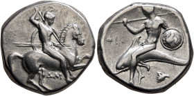 CALABRIA. Tarentum. Circa 302-290 BC. Didrachm or Nomos (Silver, 20 mm, 7.75 g, 12 h), Dai... and Phi..., magistrates. Nude, helmeted rider on horse g...