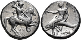 CALABRIA. Tarentum. Circa 302-290 BC. Didrachm or Nomos (Silver, 19 mm, 7.81 g, 6 h), Sa..., magistrate. Nude rider on horse galloping to right, stabb...