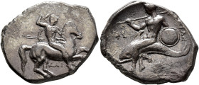 CALABRIA. Tarentum. Circa 302-290 BC. Didrachm or Nomos (Silver, 24 mm, 7.69 g, 6 h), Dai... and Phi..., magistrates. Nude rider on horse galloping to...