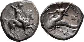 CALABRIA. Tarentum. Circa 290-281 BC. Didrachm or Nomos (Silver, 22 mm, 7.62 g, 9 h), Phili... and Phi..., magistrates. Nude, helmeted rider on horse ...
