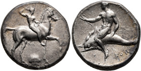 CALABRIA. Tarentum. Circa 280 BC. Didrachm or Nomos (Silver, 20 mm, 7.66 g, 9 h), Sa... and Kon..., magistrates. Nude youth on horseback to right, cro...