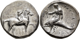 CALABRIA. Tarentum. Circa 280 BC. Didrachm or Nomos (Silver, 22 mm, 7.89 g, 9 h), Sa..., Arethon and Cas..., magistrates. Nude youth riding horse walk...