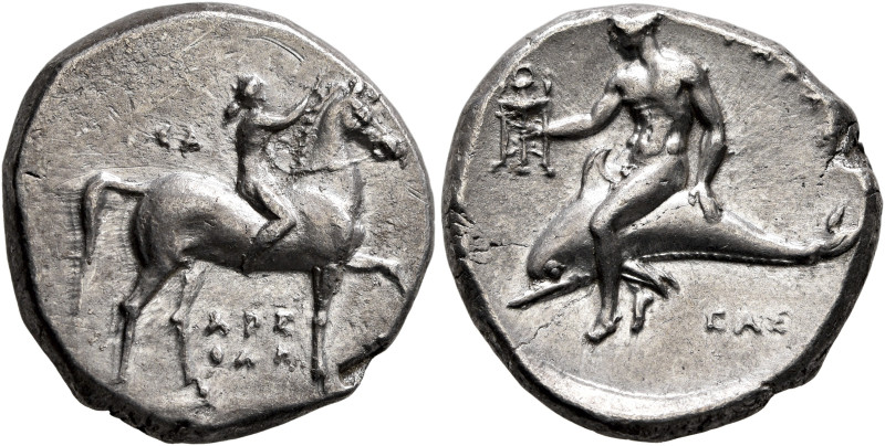 CALABRIA. Tarentum. Circa 280 BC. Didrachm or Nomos (Silver, 21 mm, 7.68 g, 3 h)...