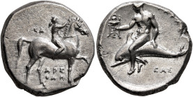 CALABRIA. Tarentum. Circa 280 BC. Didrachm or Nomos (Silver, 21 mm, 7.68 g, 3 h), Arethon, Sa... and Cas..., magistrates. ΣΑ / APE/ΘΩ[N] Nude youth ri...