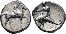 CALABRIA. Tarentum. Circa 280 BC. Didrachm or Nomos (Silver, 21 mm, 7.81 g, 3 h), Arethon and Cas..., magistrates. Nude youth riding horse walking to ...